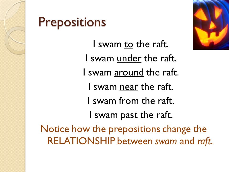 Prepositions I swam to the raft. I swam under the raft.