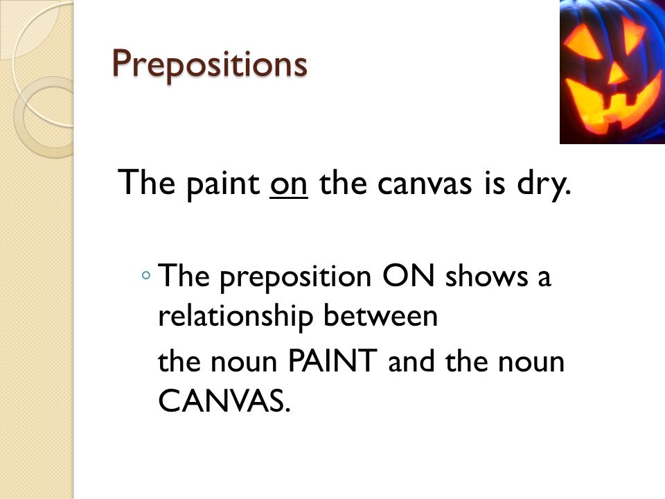 Prepositions The paint on the canvas is dry.