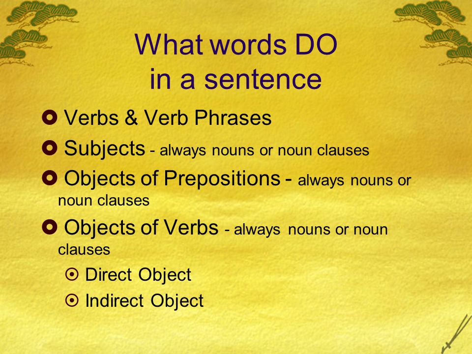 What words DO in a sentence  Verbs & Verb Phrases  Subjects - always nouns or noun clauses  Objects of Prepositions - always nouns or noun clauses  Objects of Verbs - always nouns or noun clauses  Direct Object  Indirect Object
