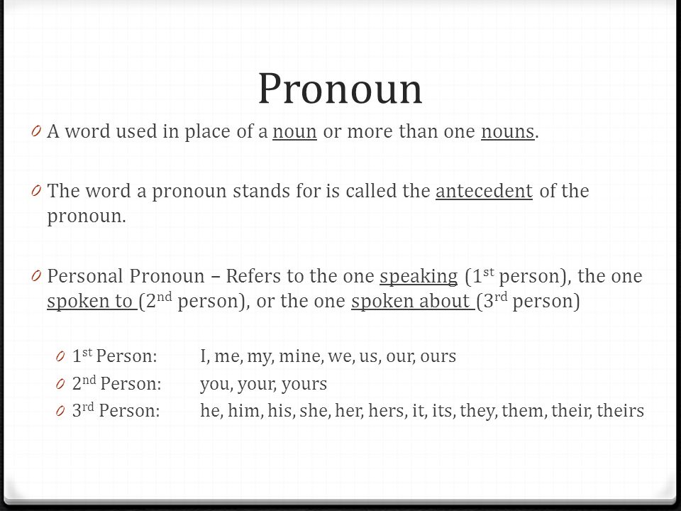 Pronoun 0 A word used in place of a noun or more than one nouns.