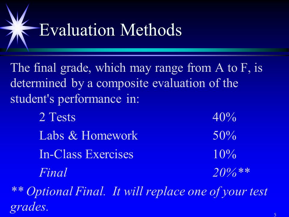 5 Evaluation Methods The final grade, which may range from A to F, is determined by a composite evaluation of the student s performance in: 2 Tests40% Labs& Homework50% In-Class Exercises 10% Final 20%** ** Optional Final.