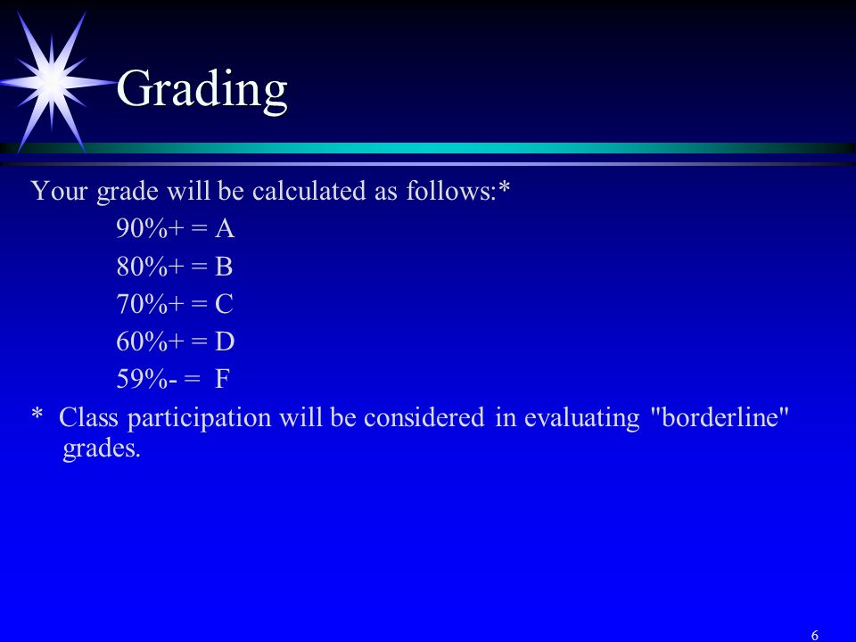 6 Grading Your grade will be calculated as follows:* 90%+ = A 80%+ = B 70%+ = C 60%+ = D 59%- = F * Class participation will be considered in evaluating borderline grades.