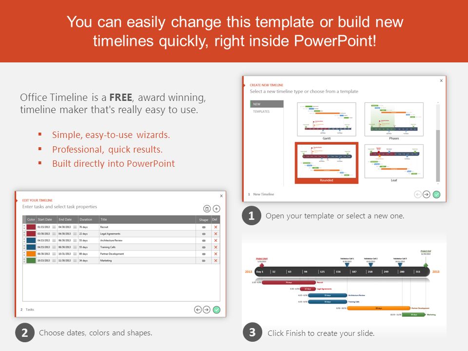 You can easily change this template or build new timelines quickly, right inside PowerPoint.