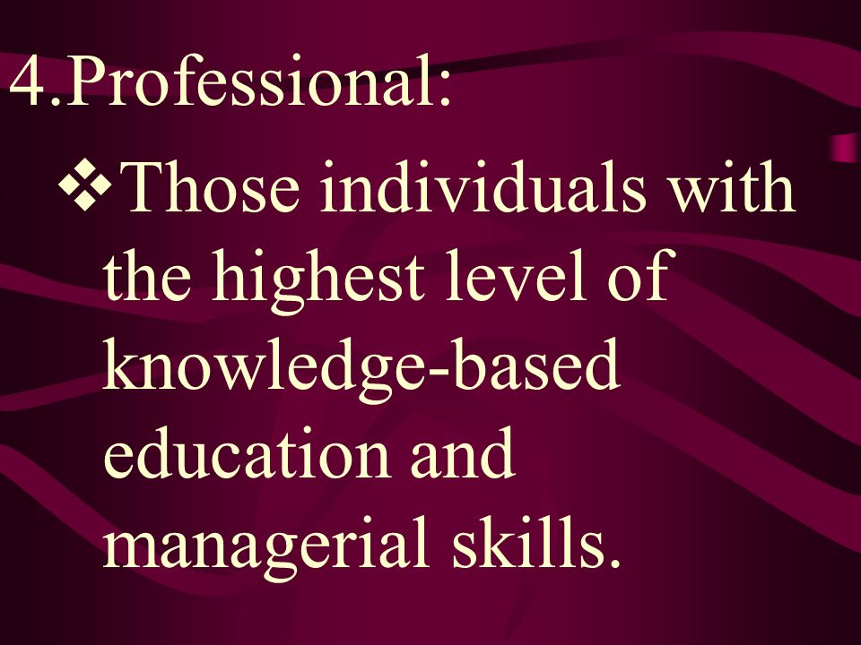 4.Professional:  Those individuals with the highest level of knowledge-based education and managerial skills.