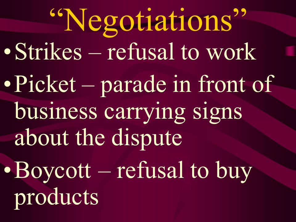 Negotiations Strikes – refusal to work Picket – parade in front of business carrying signs about the dispute Boycott – refusal to buy products