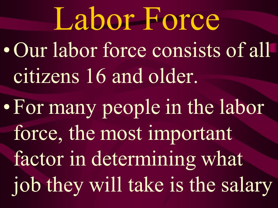 Labor Force Our labor force consists of all citizens 16 and older.