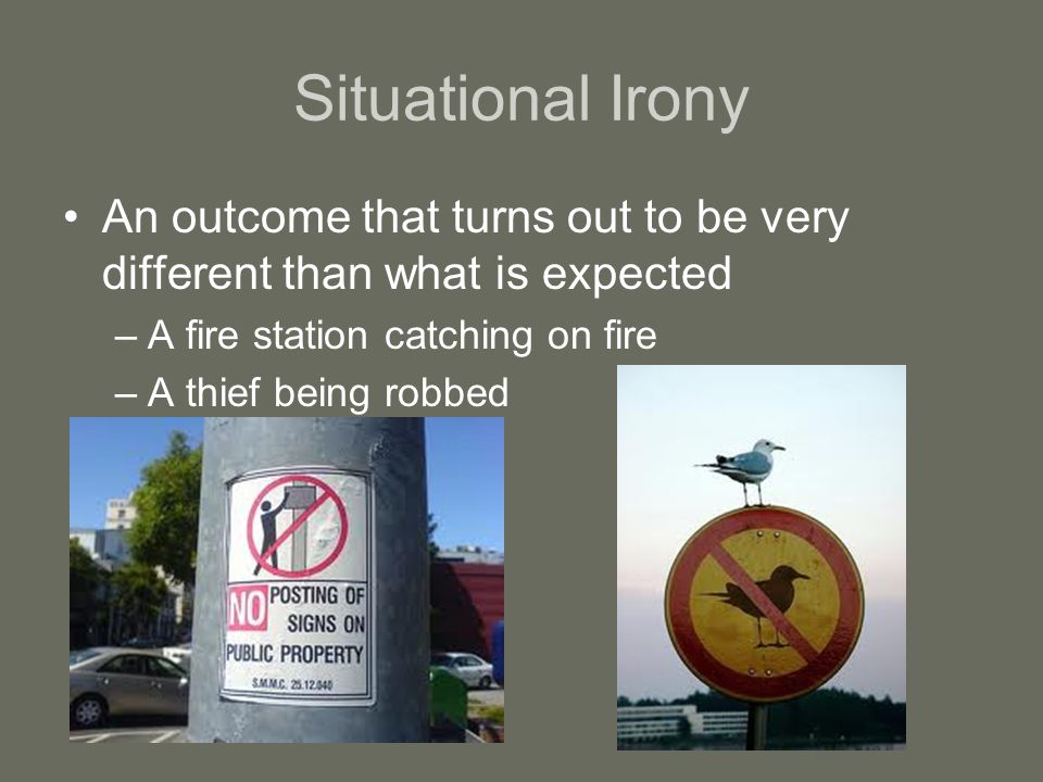 Situational Irony An outcome that turns out to be very different than what is expected –A fire station catching on fire –A thief being robbed
