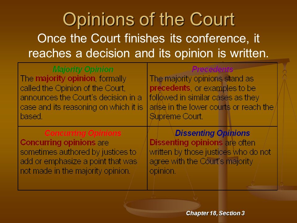 Opinions of the Court Chapter 18, Section 3 Once the Court finishes its conference, it reaches a decision and its opinion is written.