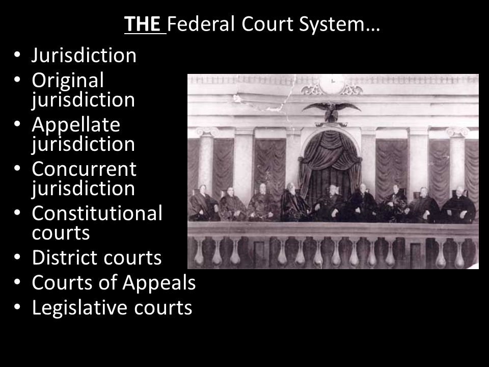 THE Federal Court System… Jurisdiction Original jurisdiction Appellate jurisdiction Concurrent jurisdiction Constitutional courts District courts Courts of Appeals Legislative courts