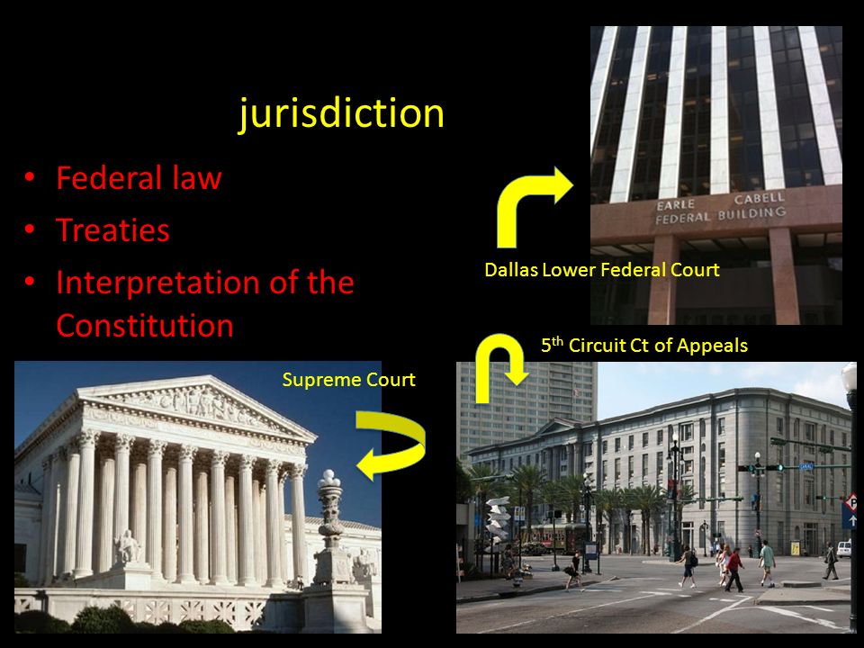WHO HEARS THE CASE ...jurisdiction Federal law Treaties Interpretation of the Constitution Supreme Court 5 th Circuit Ct of Appeals Dallas Lower Federal Court