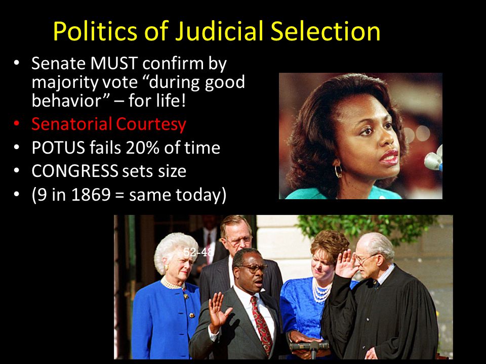 Politics of Judicial Selection Senate MUST confirm by majority vote during good behavior – for life.