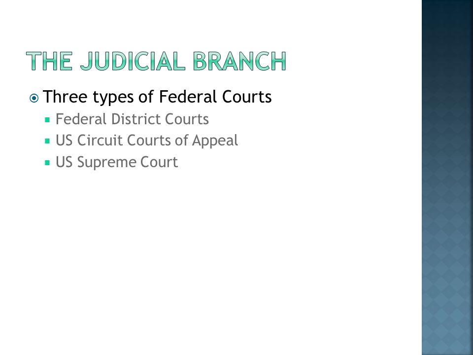  Three types of Federal Courts  Federal District Courts  US Circuit Courts of Appeal  US Supreme Court