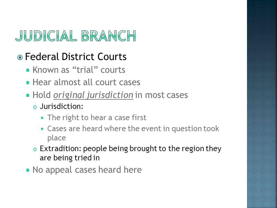  Federal District Courts  Known as trial courts  Hear almost all court cases  Hold original jurisdiction in most cases Jurisdiction: The right to hear a case first Cases are heard where the event in question took place Extradition: people being brought to the region they are being tried in  No appeal cases heard here