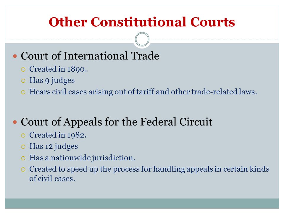 Other Constitutional Courts Court of International Trade  Created in 1890.