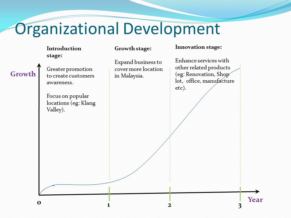 Organizational Development Year 123 Growth Introduction stage: Greater promotion to create customers awareness.