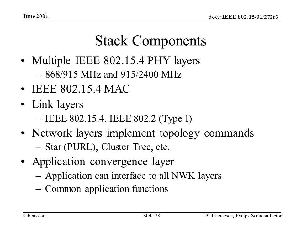 doc.: IEEE /272r3 Submission June 2001 Phil Jamieson, Philips SemiconductorsSlide 28 Stack Components Multiple IEEE PHY layers –868/915 MHz and 915/2400 MHz IEEE MAC Link layers –IEEE , IEEE (Type I) Network layers implement topology commands –Star (PURL), Cluster Tree, etc.