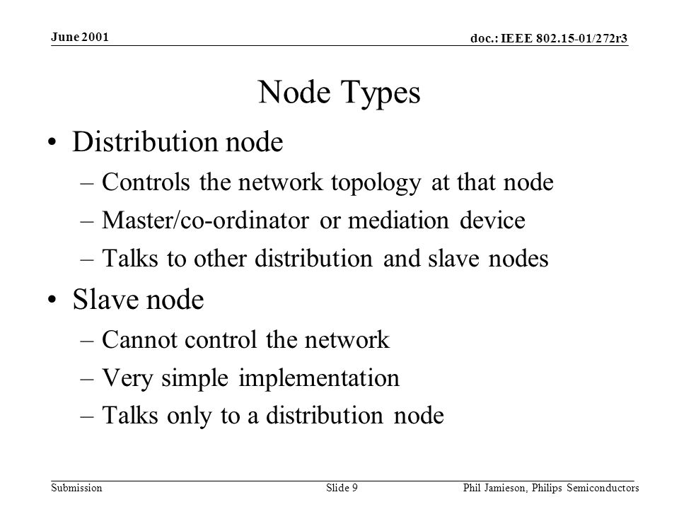 doc.: IEEE /272r3 Submission June 2001 Phil Jamieson, Philips SemiconductorsSlide 9 Node Types Distribution node –Controls the network topology at that node –Master/co-ordinator or mediation device –Talks to other distribution and slave nodes Slave node –Cannot control the network –Very simple implementation –Talks only to a distribution node