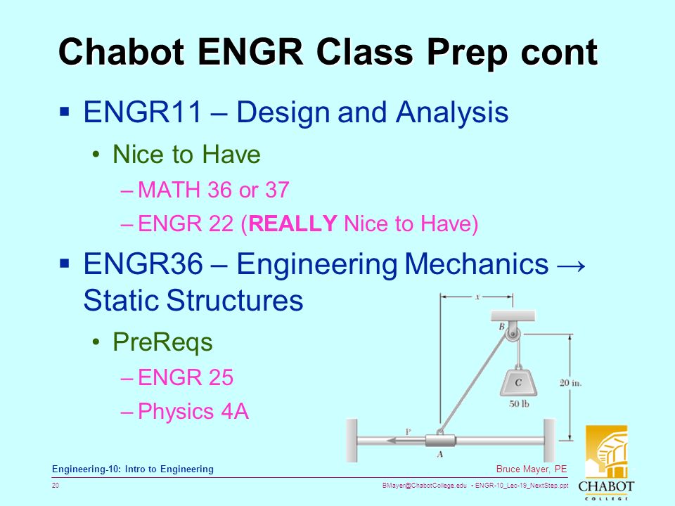 ENGR-10_Lec-19_NextStep.ppt 20 Bruce Mayer, PE Engineering-10: Intro to Engineering Chabot ENGR Class Prep cont  ENGR11 – Design and Analysis Nice to Have –MATH 36 or 37 –ENGR 22 (REALLY Nice to Have)  ENGR36 – Engineering Mechanics → Static Structures PreReqs –ENGR 25 –Physics 4A