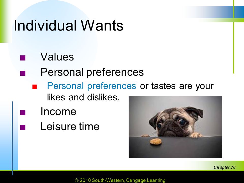 © 2010 South-Western, Cengage Learning Chapter Individual Wants ■Values ■Personal preferences ■Personal preferences or tastes are your likes and dislikes.