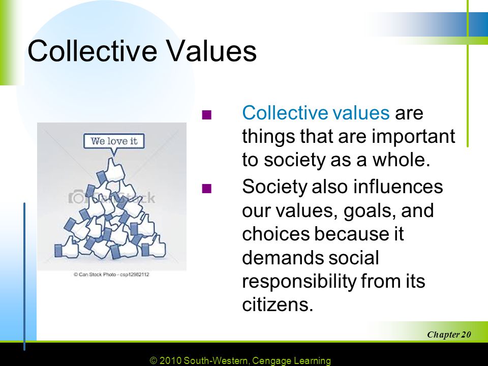© 2010 South-Western, Cengage Learning Chapter Collective Values ■Collective values are things that are important to society as a whole.
