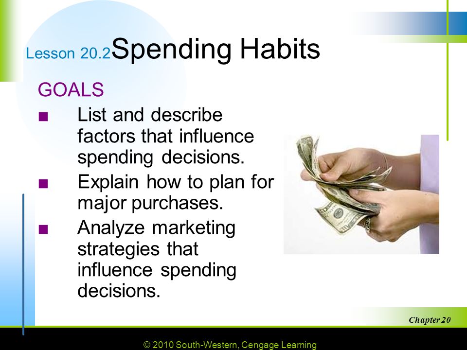 © 2010 South-Western, Cengage Learning Chapter Lesson 20.2 Spending Habits GOALS ■List and describe factors that influence spending decisions.