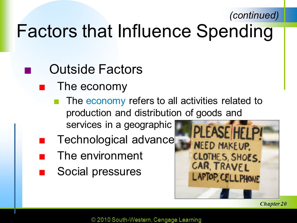© 2010 South-Western, Cengage Learning Chapter Factors that Influence Spending ■Outside Factors ■The economy ■The economy refers to all activities related to production and distribution of goods and services in a geographic area.