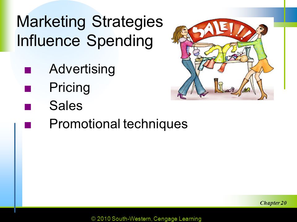 © 2010 South-Western, Cengage Learning Chapter Marketing Strategies Influence Spending ■Advertising ■Pricing ■Sales ■Promotional techniques