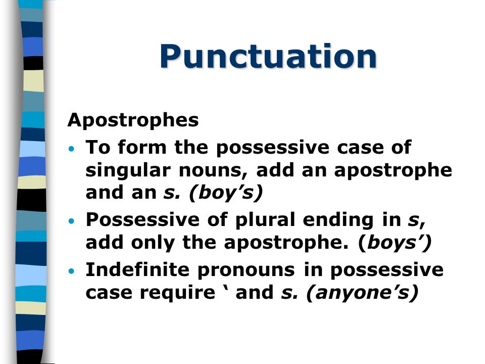Punctuation Apostrophes To form the possessive case of singular nouns, add an apostrophe and an s.