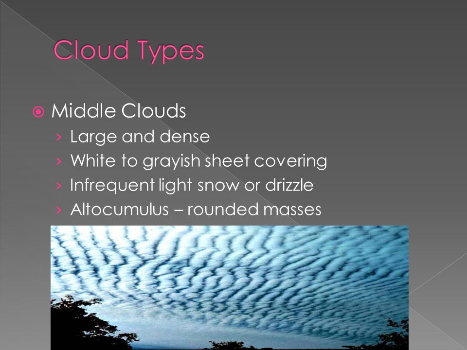  Middle Clouds › Large and dense › White to grayish sheet covering › Infrequent light snow or drizzle › Altocumulus – rounded masses