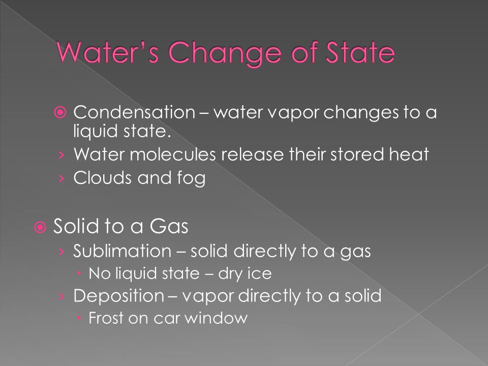  Condensation – water vapor changes to a liquid state.