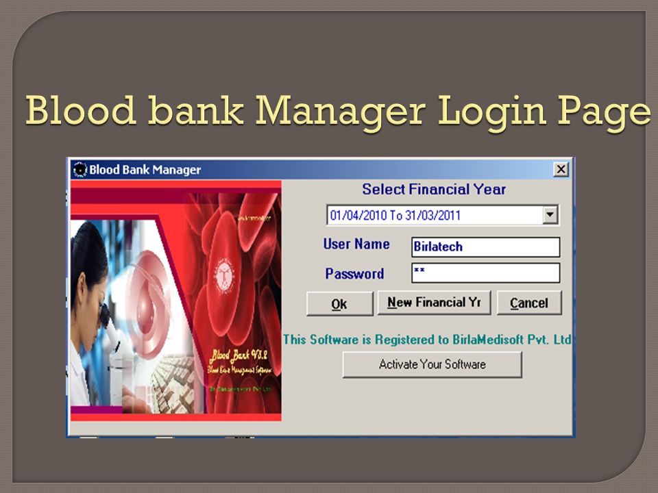 Blood bank Manager Login Page