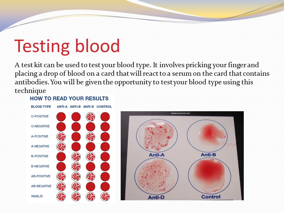Testing blood A test kit can be used to test your blood type.