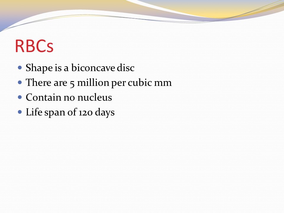 RBCs Shape is a biconcave disc There are 5 million per cubic mm Contain no nucleus Life span of 120 days