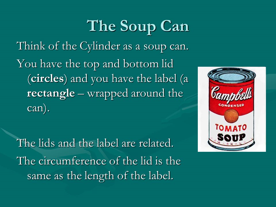 The Soup Can Think of the Cylinder as a soup can.