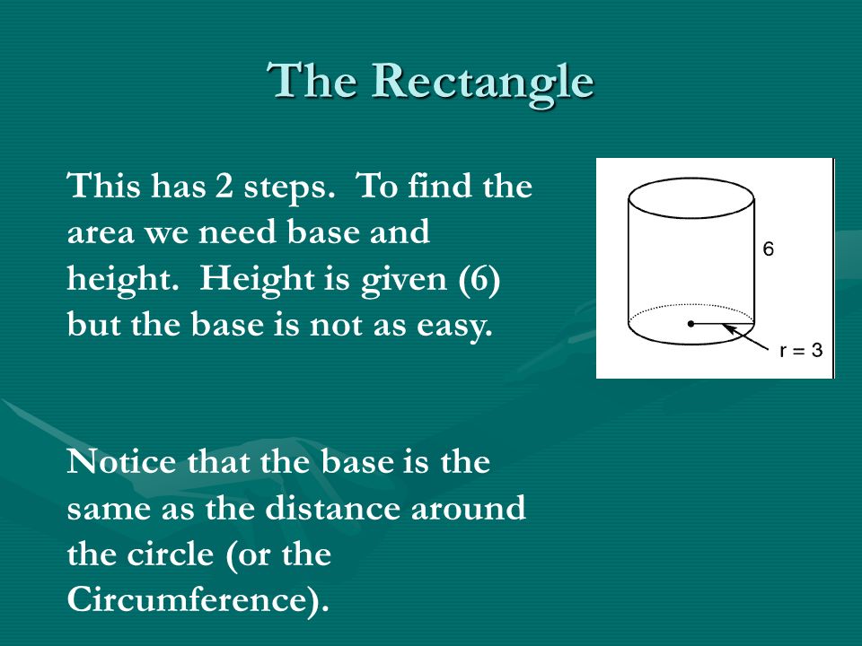 The Rectangle This has 2 steps. To find the area we need base and height.