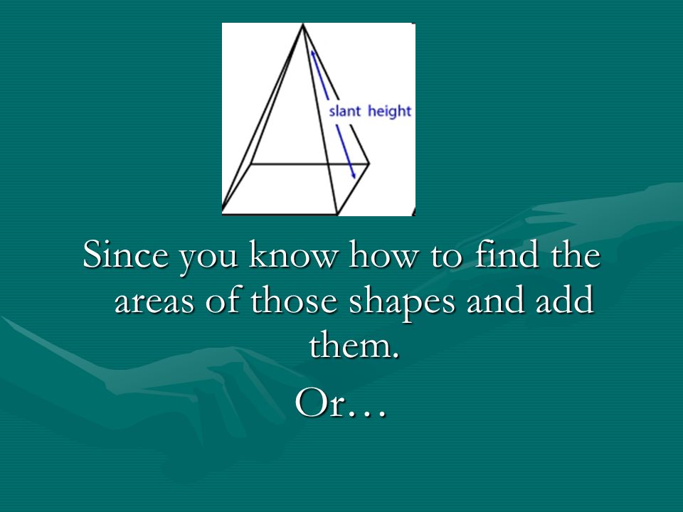 Since you know how to find the areas of those shapes and add them. Or…