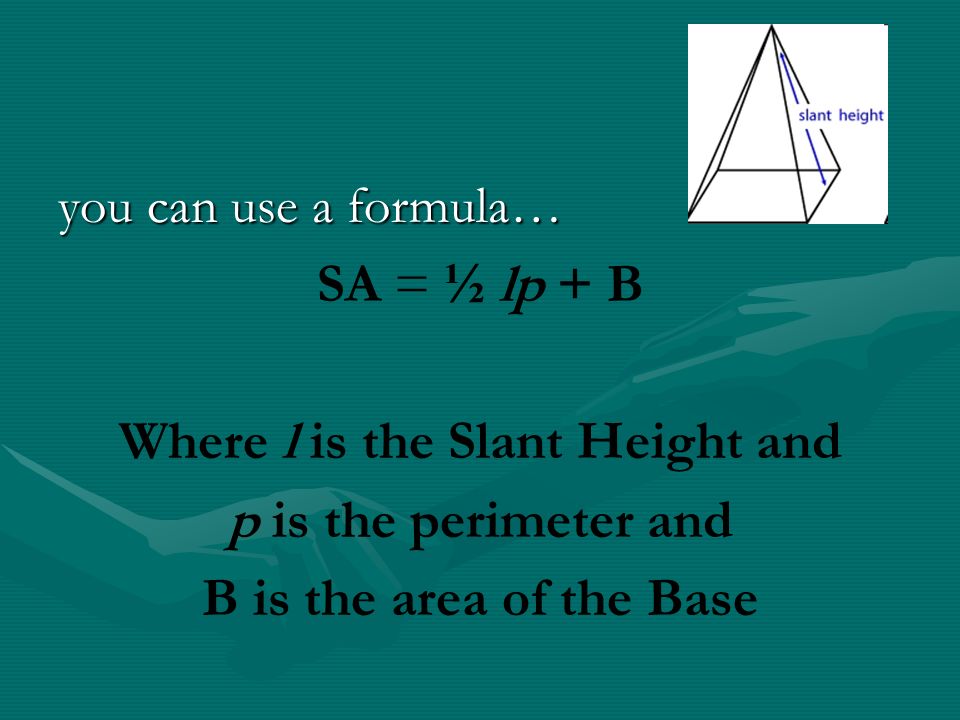 you can use a formula… SA = ½ lp + B Where l is the Slant Height and p is the perimeter and B is the area of the Base