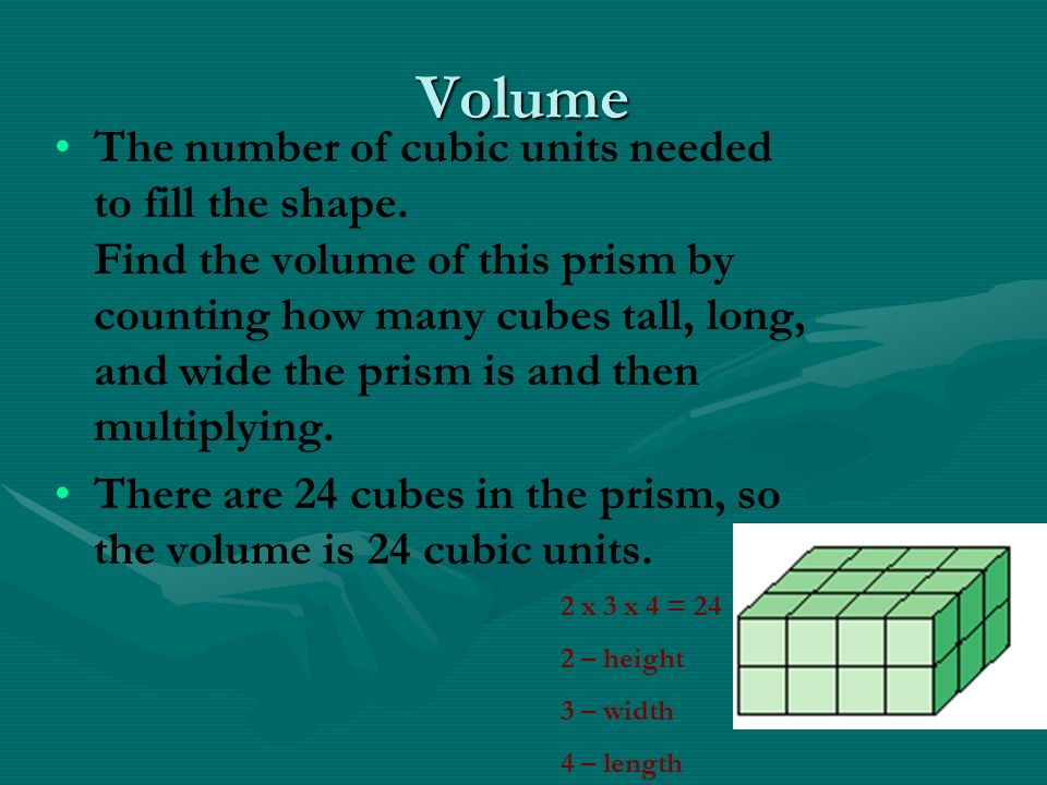 Volume The number of cubic units needed to fill the shape.