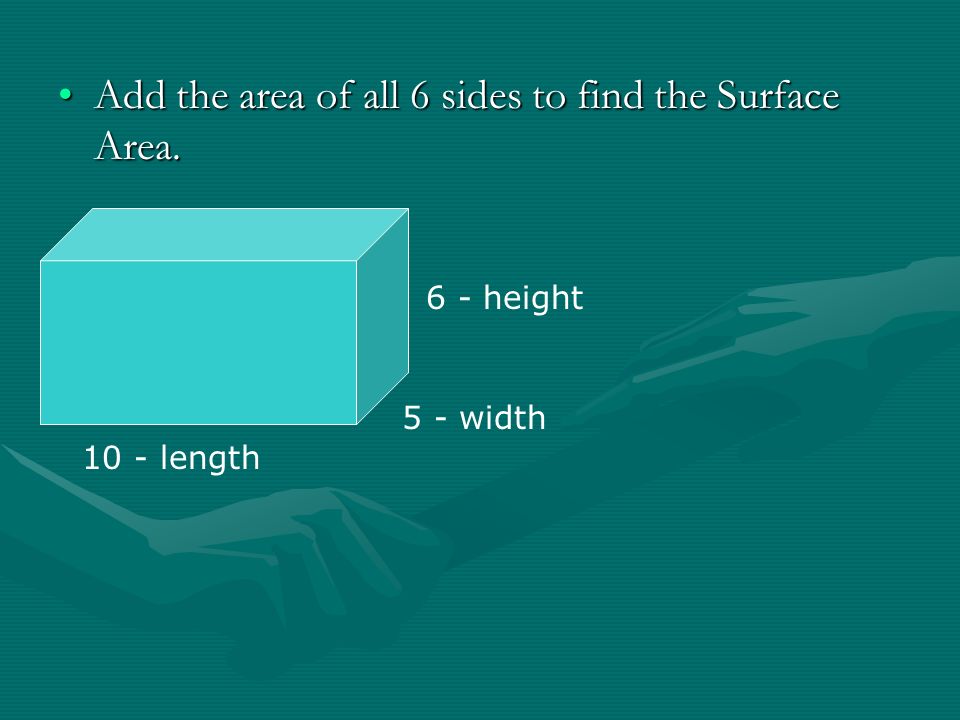 Add the area of all 6 sides to find the Surface Area.Add the area of all 6 sides to find the Surface Area.