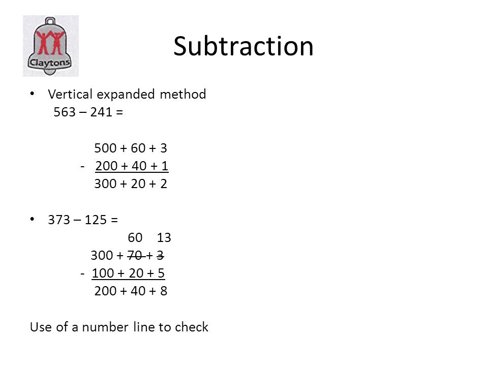 Subtraction Vertical expanded method 563 – 241 = – 125 = Use of a number line to check