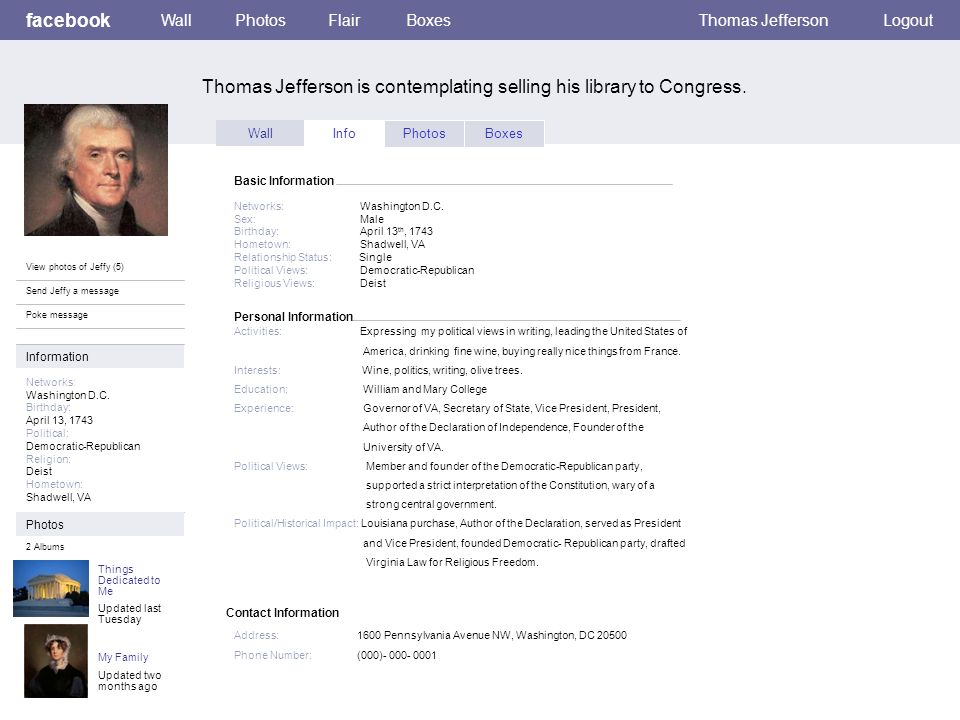 Personal Information facebook Thomas Jefferson is contemplating selling his library to Congress.