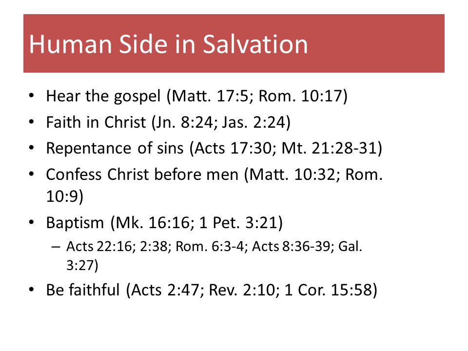 Human Side in Salvation Hear the gospel (Matt. 17:5; Rom.