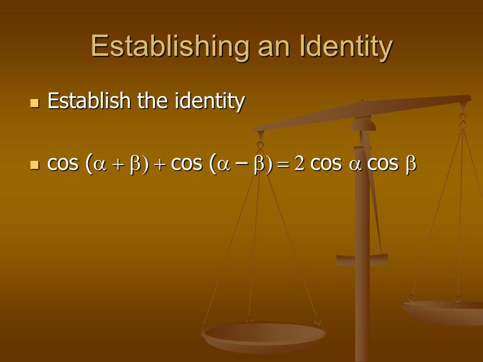 Establishing an Identity Establish the identity Establish the identity cos (  cos (  –  cos  cos  cos (  cos (  –  cos  cos 