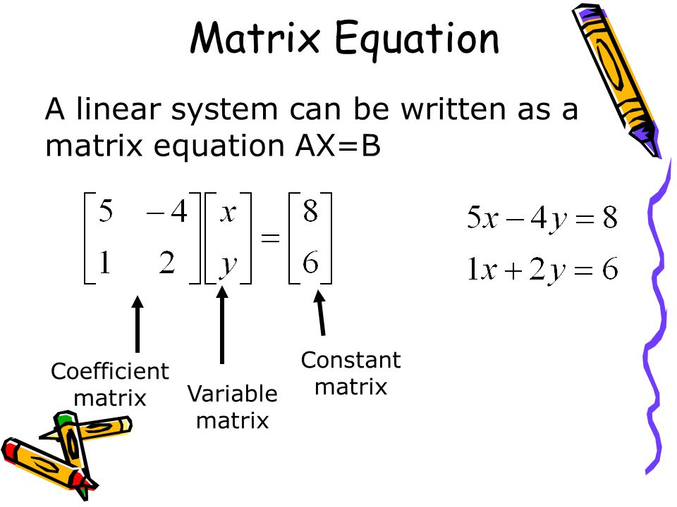 Matrix Equation A linear system can be written as a matrix equation AX=B Coefficient matrix Variable matrix Constant matrix