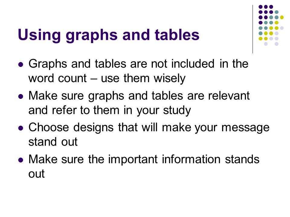 Using graphs and tables Graphs and tables are not included in the word count – use them wisely Make sure graphs and tables are relevant and refer to them in your study Choose designs that will make your message stand out Make sure the important information stands out