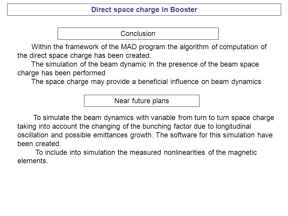 Direct space charge in Booster Conclusion Within the framework of the MAD program the algorithm of computation of the direct space charge has been created.