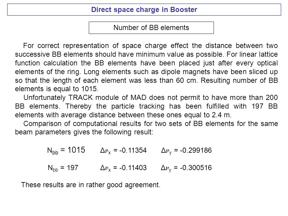 Direct space charge in Booster Number of BB elements For correct representation of space charge effect the distance between two successive BB elements should have minimum value as possible.