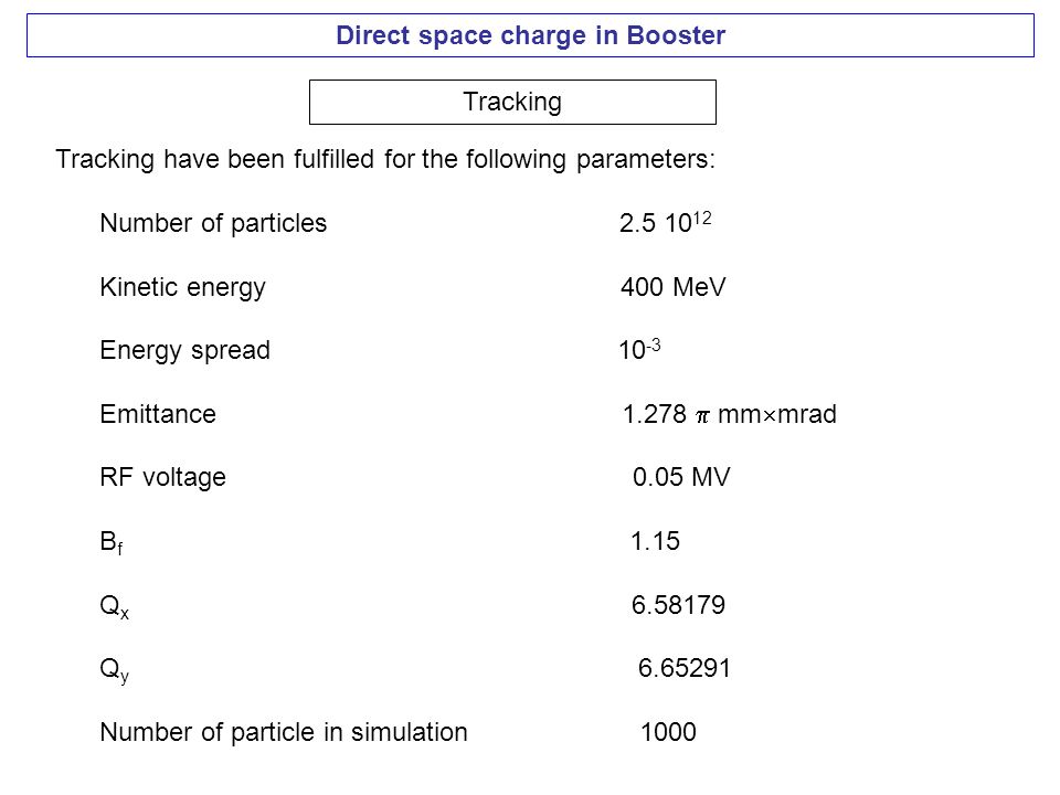 Direct space charge in Booster Tracking Tracking have been fulfilled for the following parameters: Number of particles Kinetic energy 400 MeV Energy spread Emittance  mm  mrad RF voltage 0.05 MV B f 1.15 Q x Q y Number of particle in simulation 1000