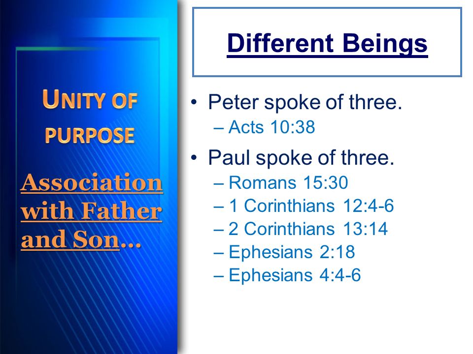 Different Beings Peter spoke of three. –Acts 10:38 Paul spoke of three.