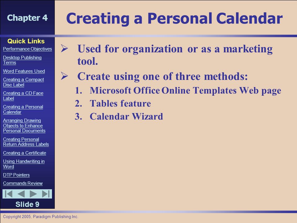 ms office calendar wizard